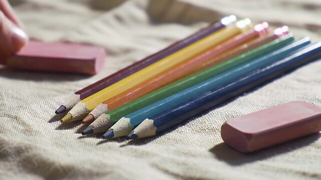 Colorful pencils and erasers on a cloth surface