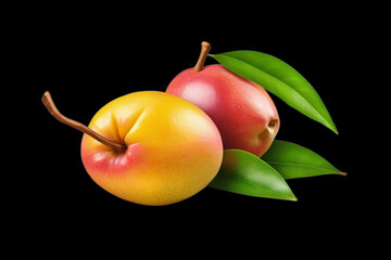 Ripe mangoes with green leaves on a black background