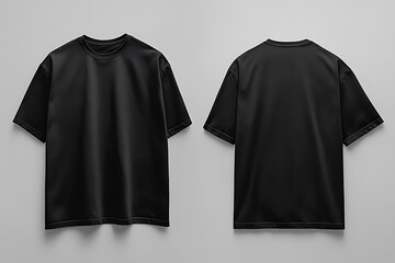 black t shirt front and back view, isolated on light grey background. Ready for your mock up design template 