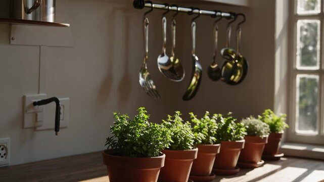 a kitchen countertop with several potted plants lined up in a row