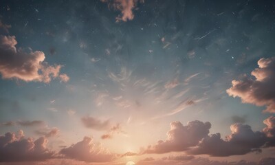 Naklejka premium Faded retro sky, distressed paper texture, wispy clouds, twinkling stars , cosmos, celestial, aged