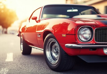 Classic Red Muscle Car on City Street in Warm Sunlight