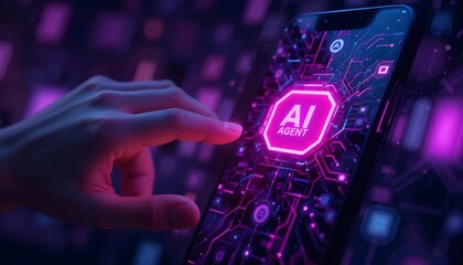 Obraz premium A glowing smartphone displaying the text AI agent highlighting artificial intelligen. Smartphone displaying 'AI Agent' in neon with circuit backdrop symbolizing tech future, ideal for mobile AI visual