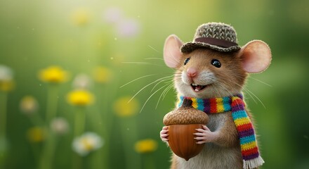 Mouse holding acorn wearing hat and scarf