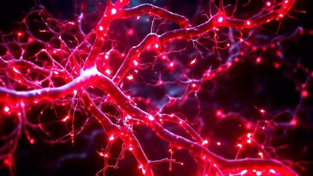 Detailed view of intricate neuron network, vibrant red and dark background.