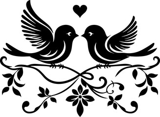 Two Birds in Love: Two charming birds sit perched on a beautifully drawn floral branch, their silhouettes against a pure background.