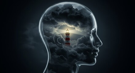 Obraz premium Abstract depiction of a lighthouse within a stormy mind.