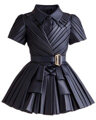 A black dress with a collar, short sleeves, a belt, and pleated fabric