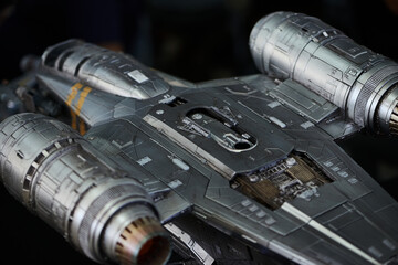 Naklejka premium Razor Crest ST-70 ship figure displayed in San Salvador on May 4, 2025 for Star Wars Day celebrations.