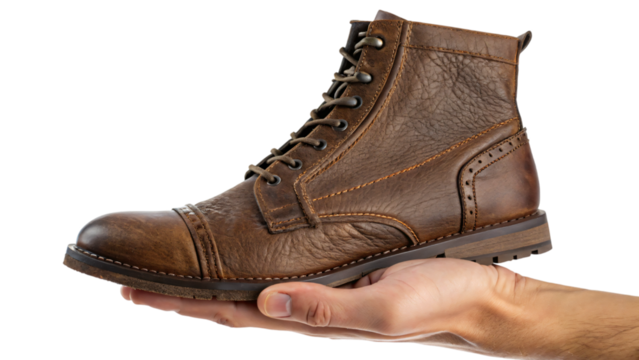 hand holding a leather boot isolated on white