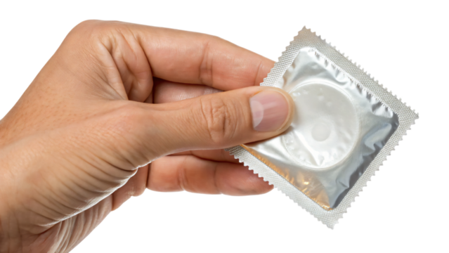 hand holding a condom isolated on white