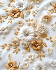 A close-up of a white fabric with a floral design featuring white and golden flowers and leaves