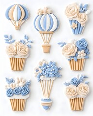 A collection of nine adorable fondant decorations featuring blue and beige hot air balloons and cupcakes with floral accents