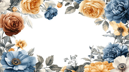 White blank frame for caption space surrounded by colorful flowers. Perfect for wedding invitations, birthdays, and summer events. Symbolizes celebration, elegance, and botanical beauty.

