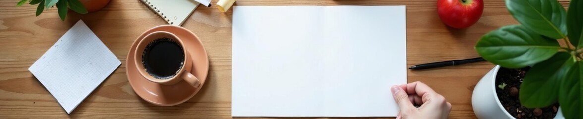 A blank flyer mockup on a wooden table with office supplies and a cup of coffee, design, creative