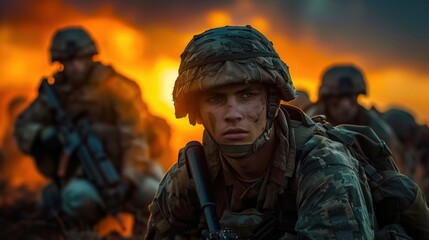 Obraz premium Close-up view of a soldier with determined expression amidst a battle scene at sunset.