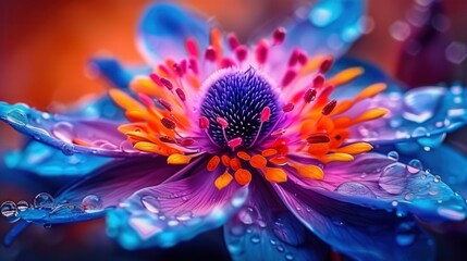 Stunning macro shot of a vividly colored flower covered with sparkling water droplets.