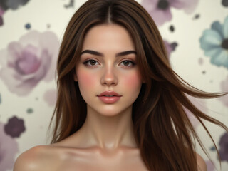 Beautiful young woman with long brown hair and soft makeup against a floral patterned background