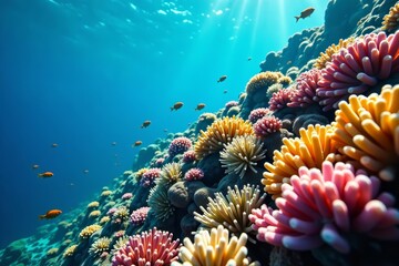 Fototapeta premium A colorful and diverse coral reef teeming with marine life in clear blue waters, coral reef, ecosystem, vibrant