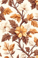 A seamless pattern featuring delicate white and yellow flowers with brown leaves on a cream background