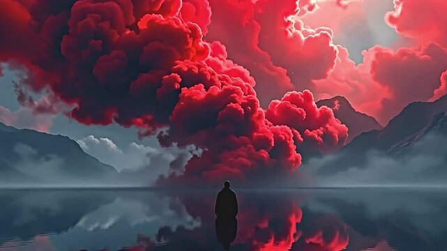 serene dramatic landscape solitary figure standing center of reflective body of water. scene dominated striking red dark red cloud formation that swirls dramatically across sky creating...