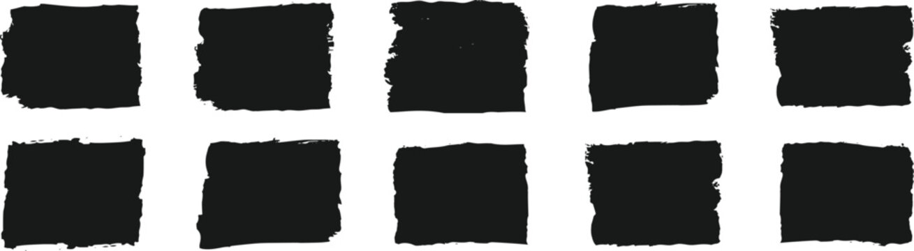Set of rectangular grunge brush template. Rectangle brush stroke, ink paint brush, grunge lines. Black square shapes with ripped jagged borders