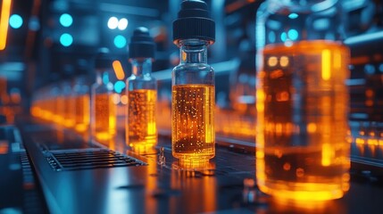 Illuminated vials on a futuristic production line. A mesmerizing glimpse into advanced pharmaceutical manufacturing, showcasing precision and technology.