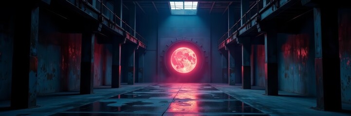 A dark, eerie warehouse with a glowing, mysterious portal in the center at night, night, mysterious, portal
