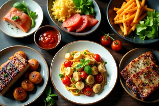 A diverse array of delicious meals featuring fresh fish and succulent meats on a table spread, food, dining, gourmet