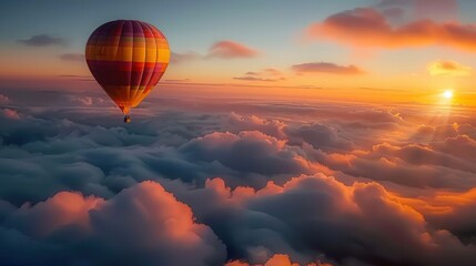 Obraz premium A colorful hot air balloon gracefully soars above a captivating sea of fluffy clouds at sunset.
