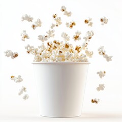 White Paper Cup Overflowing with Popcorn Against White Background