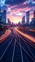 A view of a train track network leading into a bustling city skyline at dusk