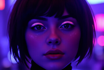 Close up portrait of a young woman with vibrant neon eyeliner under purple and pink lights