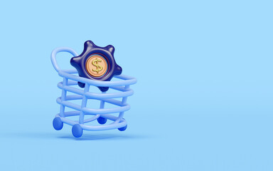 3d cartoon shopping cart icon with gear, dollars coins isolated on blue background. online stores, marketing concept, 3d render illustration