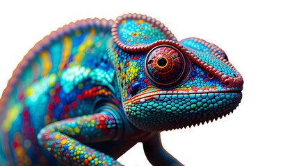 vibrant depiction of a chameleon, with striking colors and patterns ON PNG BACKGROUND.