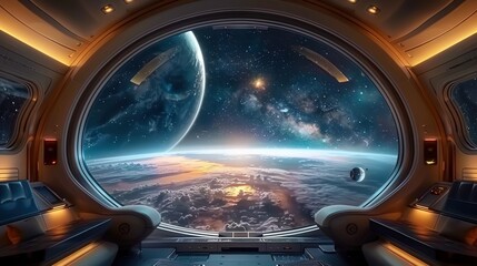 A beautiful space view from a spaceship window showcasing the galaxy and various planets.