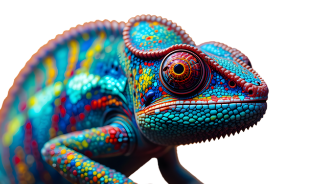 vibrant depiction of a chameleon, with striking colors and patterns ON PNG BACKGROUND. - Powered by Adobe