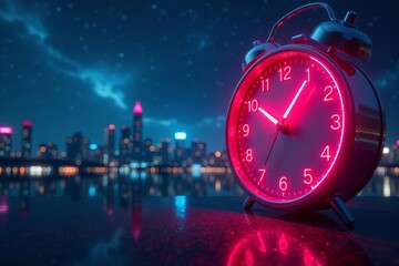 A neon clock displaying the time against a cosmic background with a glowing city skyline, clock, cosmic