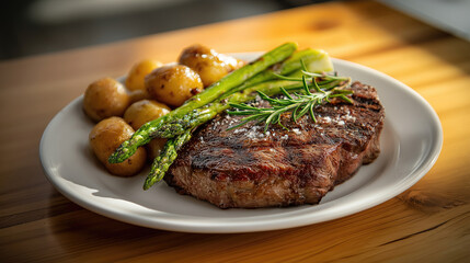 Grilled steak, roasted potatoes, and asparagus garnish, served on a white plate