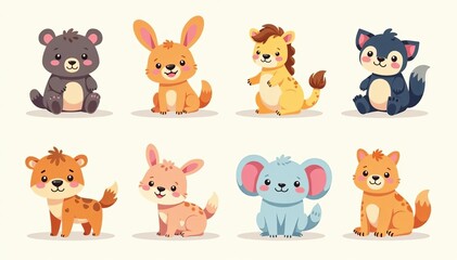 A playful vector illustration of a set of cute flat animal icons with bold colors and clean lines, colors, icons