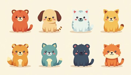 A playful vector illustration of a set of cute flat animal icons with bold colors and clean lines, colors, playful, bold