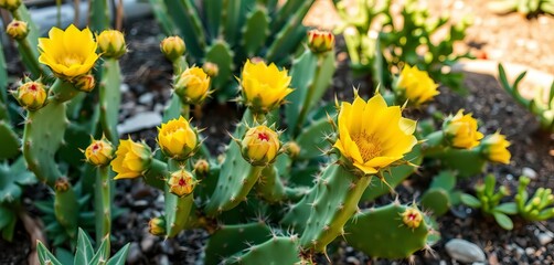 Obraz premium A prickly pear cactus thrives in a sunny garden bed, summer, image