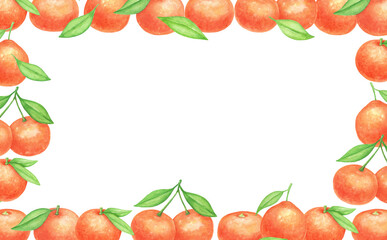 Citrus fruits hand drawn watercolor frame isolated on white background. Tangerines, oranges with leaves