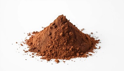 A rich mound of unsweetened cocoa powder sits against a stark white backdrop, hot chocolate, texture