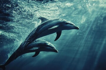 Naklejka premium Dolphins gracefully swimming in slow motion through serene ocean waters during a tranquil moment, Dolphins swimming slow motion Photo of relaxing wild nature