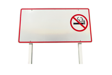 Signs or sign symbol hard large aluminum white isolated on cut out PNG or transparent background. NO SMOKING Image of cigarette in red circle. Symbol that must respected prohibition in public areas.