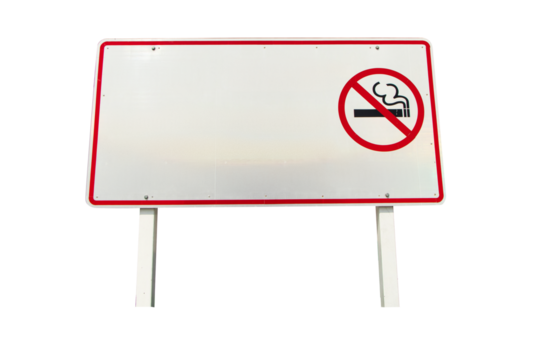 Signs or sign symbol hard large aluminum white isolated on cut out PNG or transparent background. NO SMOKING Image of cigarette in red circle. Symbol that must respected prohibition in public areas. - Powered by Adobe