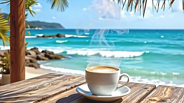 serene beach scene wooden table foreground upon which white cup filled coffee sits. background reveals beautiful view of ocean gentle waves clear blue sky. Palm trees frame scene adding to...