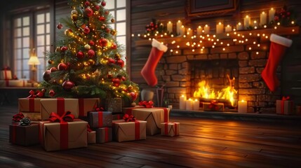 Obraz premium A beautifully decorated Christmas tree stands beside gifts, glowing with holiday lights in a cozy room.