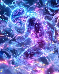 An ethereal figure composed of glowing particles and lines dances in a field of twinkling lights